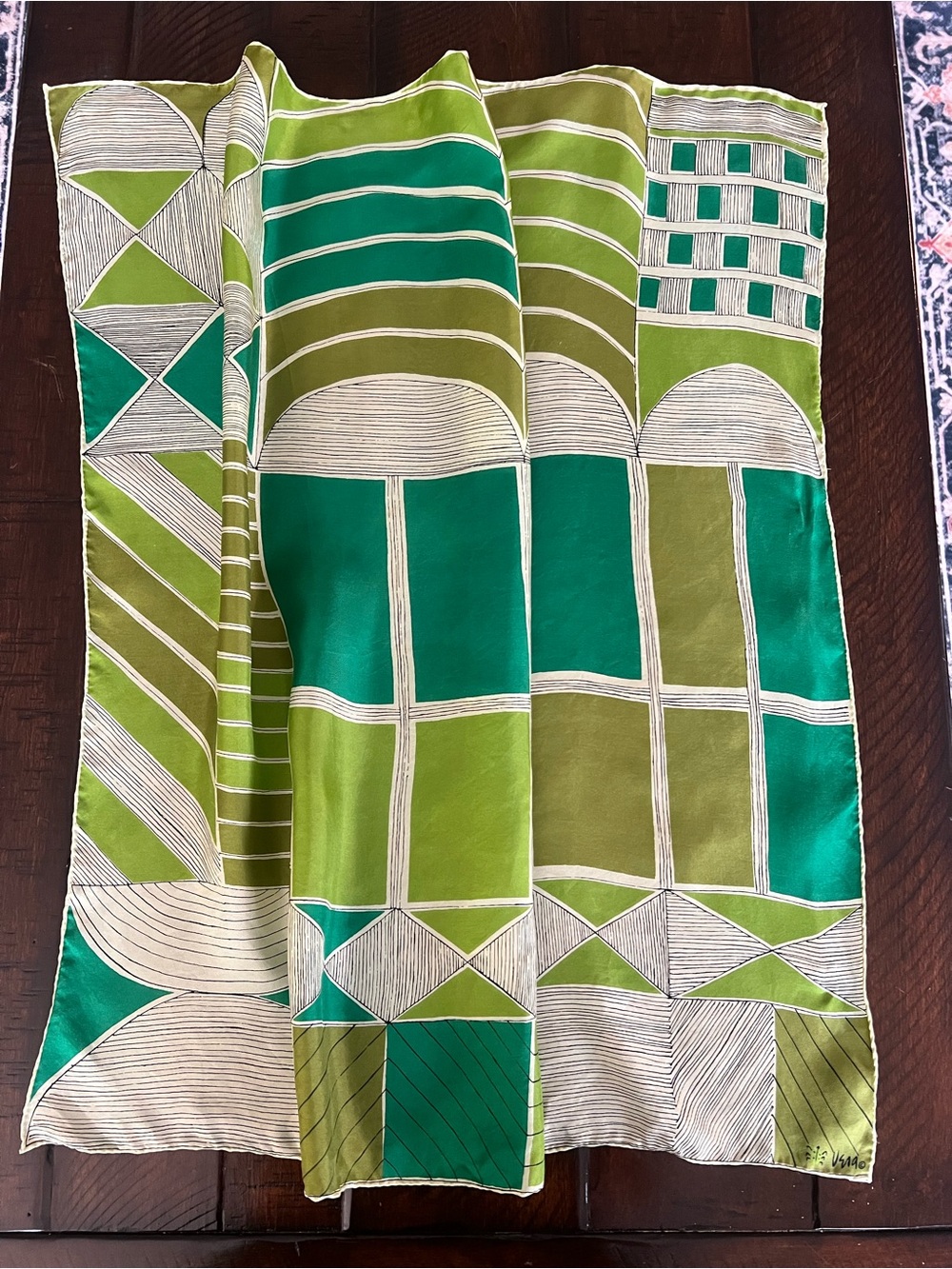 Vintage Vera Neumann Silk Scarf Green MCM Geometric Hand Rolled Japan